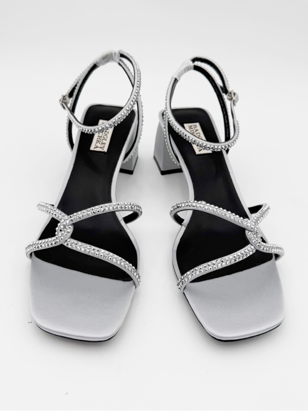 Badgley Mischka Brand Brisa Low Block Heeled Sandal, Silver Satin, Size 9